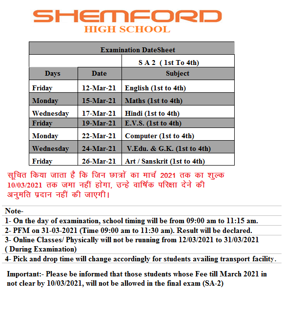 S A- 2 Schedule (Grade-1st to 4th)